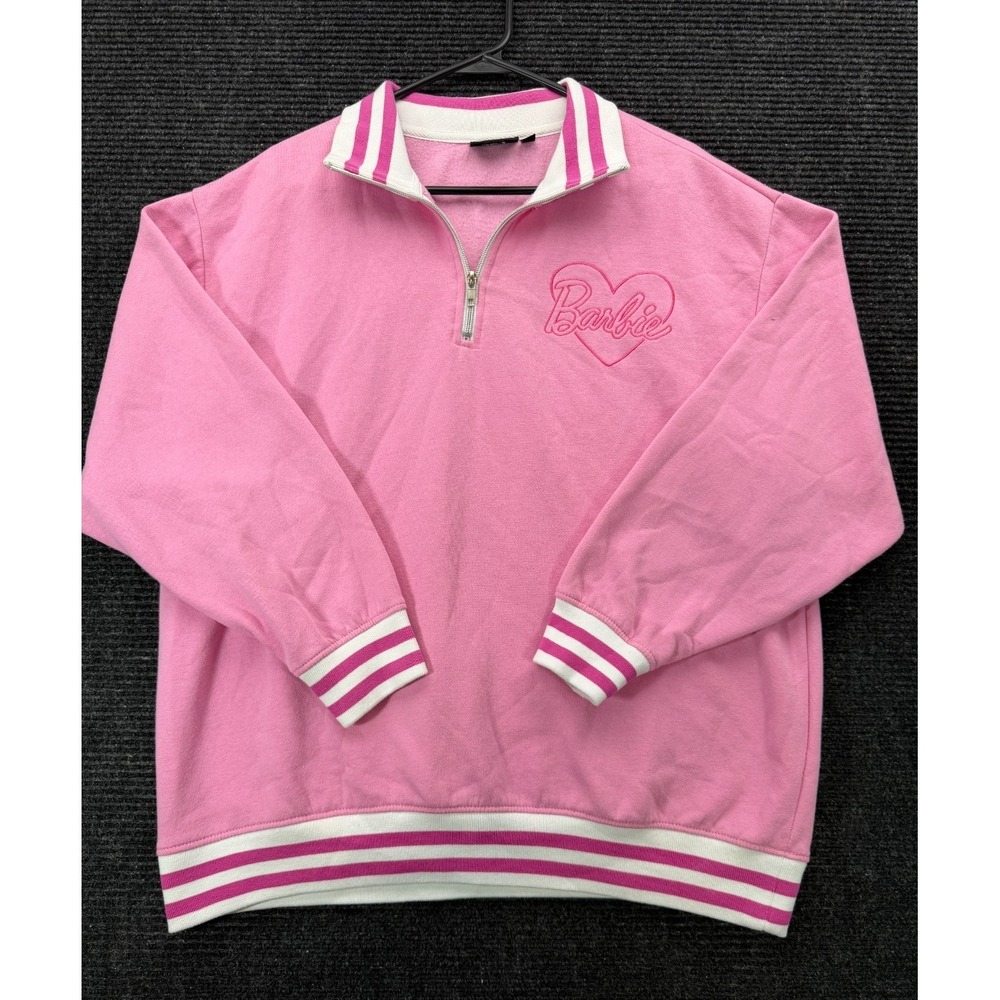 Barbie Women's XL Pink Quarter-Zip Sweatshirt Embroidered Heart Varsity Stripe